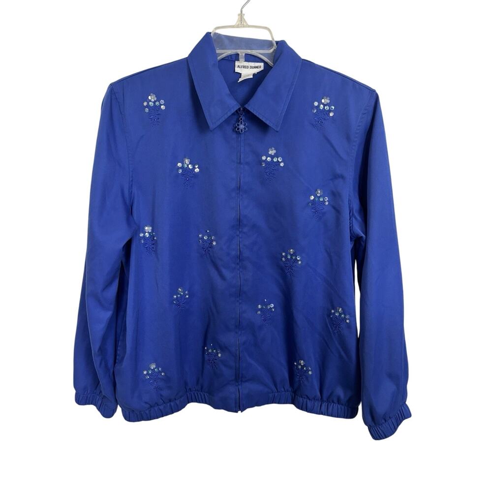 VTG 90s Alfred Dunner Blue Full Zip Floral Embroidered Sequin Jacket Size 10